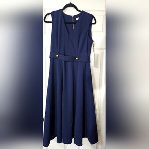 NWT Calvin Klein V Neck Navy Blue Flare Dress